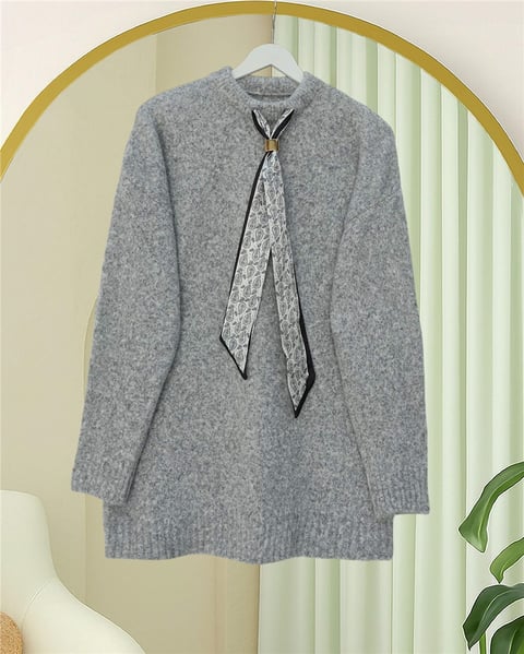 Fularlı Yumoş Triko Kazak -Açık Gri-Kazak-109-0944-R41