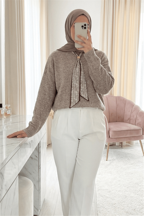 Fularlı Yumoş Triko Kazak    -Açık Vizon-Kazak-109-0944-R51