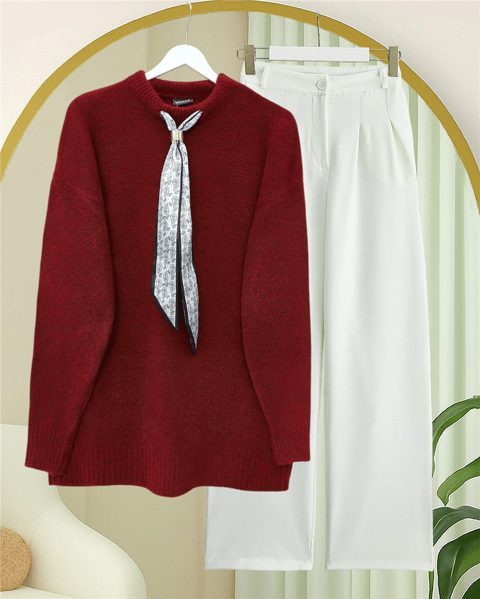 Fularlı Yumoş Triko Kazak  -Bordo-Kazak-109-0944-R04