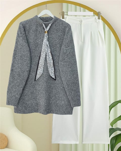 Fularlı Yumoş Triko Kazak -Gri-Kazak-109-0944-R11