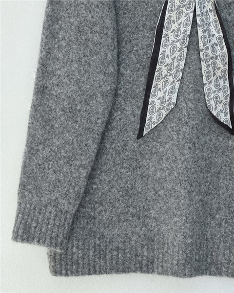 Fularlı Yumoş Triko Kazak -Gri-Kazak-109-0944-R11