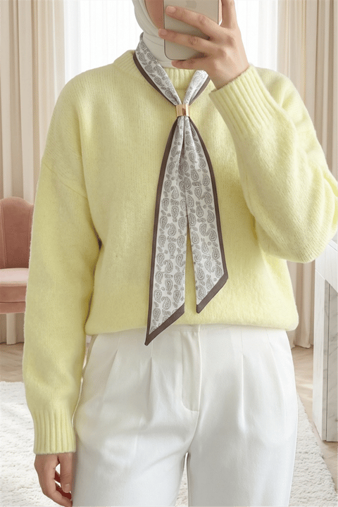 Fularlı Yumoş Triko Kazak   -Sarı-Kazak-109-0944-R22