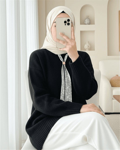 Fularlı Yumoş Triko Kazak -Siyah-Kazak-109-0944-R01