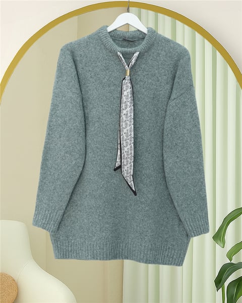 Fularlı Yumoş Triko Kazak    -Su Yeşili-Kazak-109-0944-R36