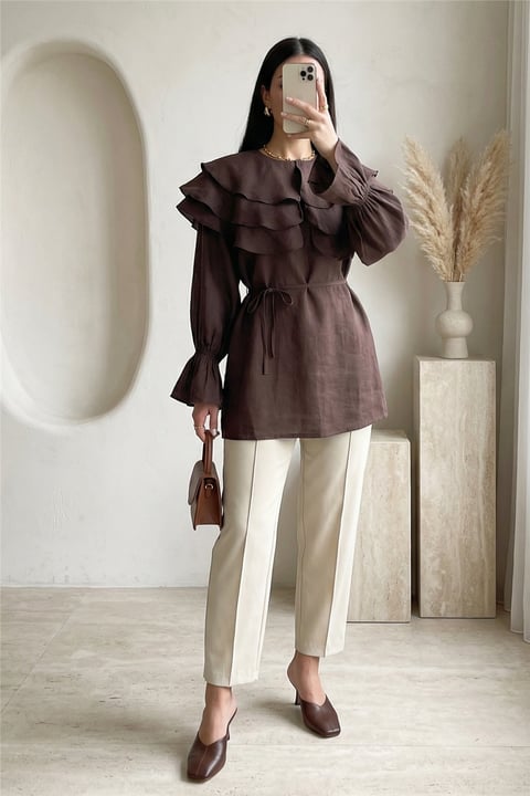 Geniş Katlı Yakalı Bileği Lastikli Beli Bağlamalı Yırtmaçlı Tunik  -Kahve-Tunik-307-0062-R15