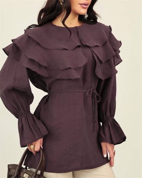 Tunik-Geniş Katlı Yakalı Bileği Lastikli Beli Bağlamalı Yırtmaçlı Tunik  -Mürdüm-307-0062-R09