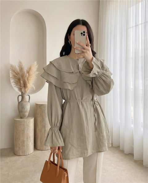 Geniş Katlı Yakalı Bileği Lastikli Beli Bağlamalı Yırtmaçlı Tunik  -Haki-Tunik-307-0062-R05
