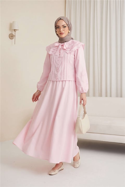 Geniş Yakalı Bağlamalı Kolu Lastikli Eteği Astarlı Poplin Takım  -Pembe-Takım-445-8350-R20
