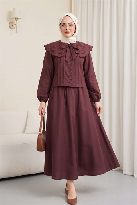 Geniş Yakalı Bağlamalı Kolu Lastikli Eteği Astarlı Poplin Takım  -Bordo-Takım-445-8350-R04