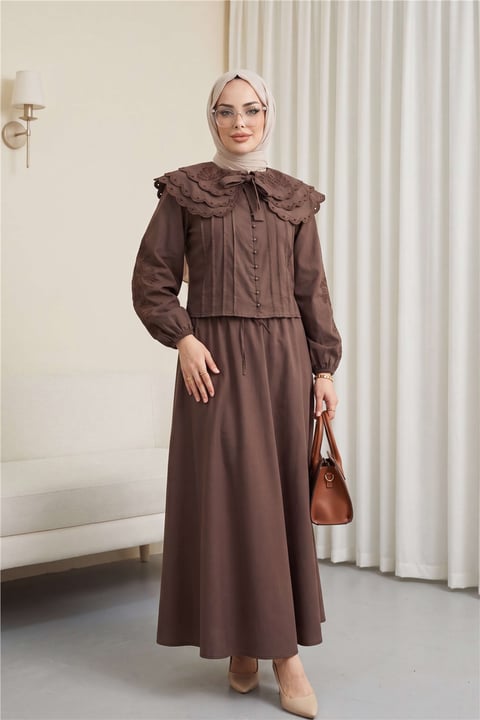 Geniş Yakalı Bağlamalı Kolu Lastikli Eteği Astarlı Poplin Takım  -Kahve-Takım-445-8350-R15