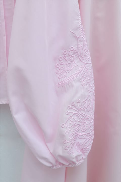 Geniş Yakalı Bağlamalı Kolu Lastikli Eteği Astarlı Poplin Takım  -Pembe-Takım-445-8350-R20