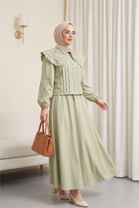 Geniş Yakalı Bağlamalı Kolu Lastikli Eteği Astarlı Poplin Takım  -Çağla Y.-Takım-445-8350-R70