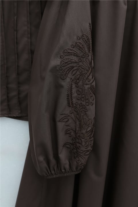 Geniş Yakalı Bağlamalı Kolu Lastikli Eteği Astarlı Poplin Takım  -Kahve-Takım-445-8350-R15