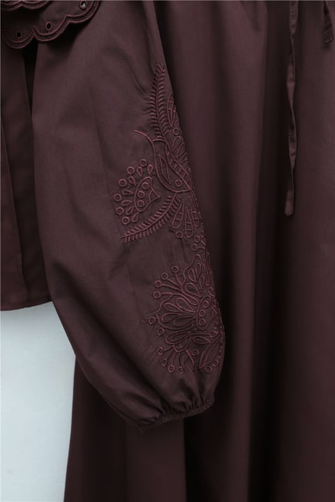 Geniş Yakalı Bağlamalı Kolu Lastikli Eteği Astarlı Poplin Takım  -Bordo-Takım-445-8350-R04