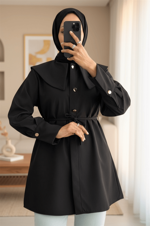 Geniş Yakalı Beli Bağlamalı Bonding Kap -Siyah-Gömlek-120-1627-R01