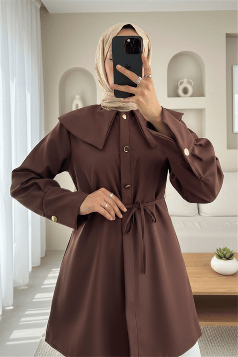 Geniş Yakalı Beli Bağlamalı Bonding Kap -Kahve-Gömlek-120-1627-R15