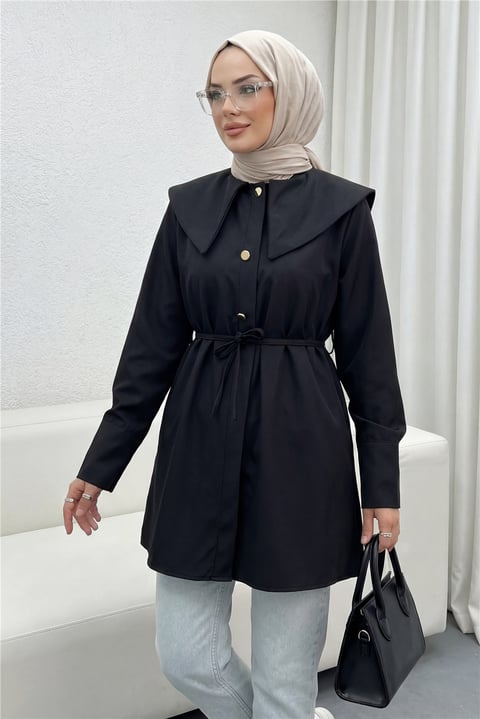 Geniş Yakalı Beli Bağlamalı Bonding Kap -Siyah-Gömlek-120-1627-R01