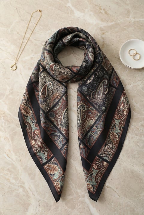 Geometrik Çerçeveli Rayon Eşarp -Koyu Bordo