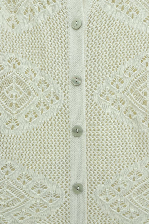 Geometrik Desenli Ajurlu Düğmeli Triko Hırka -Krem-Hırka-109-1233-R28