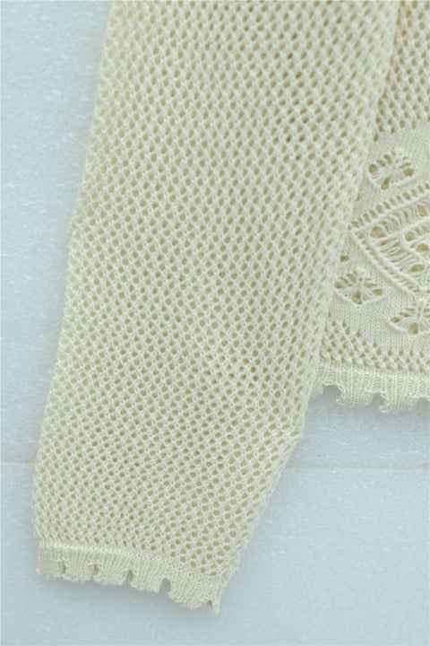 Geometrik Desenli Ajurlu Düğmeli Triko Hırka -Krem-Hırka-109-1233-R28