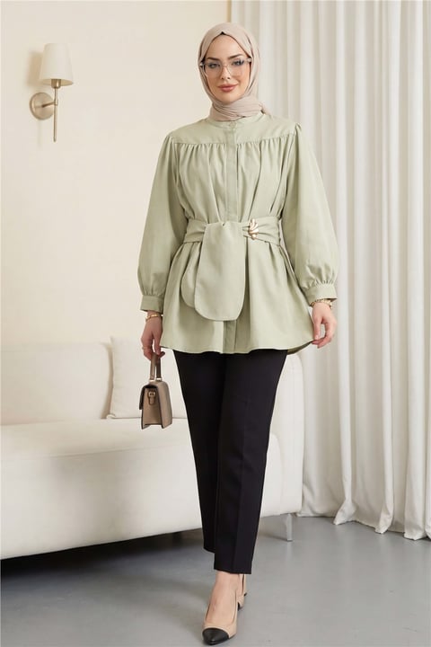 Gizli Düğmeli Kuşaklı Poplin Tunik -Çağla Y.-Tunik-223-3098-R70