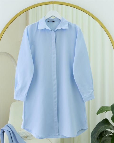 Gizli Düğmeli Oval Kesim Uzun Gömlek -Bebe Mavi-Gömlek-349-5071-R32