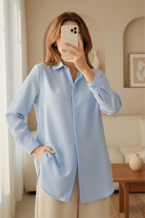 Gizli Düğmeli Oval Kesim Uzun Gömlek -Bebe Mavi-Gömlek-349-5071-R32
