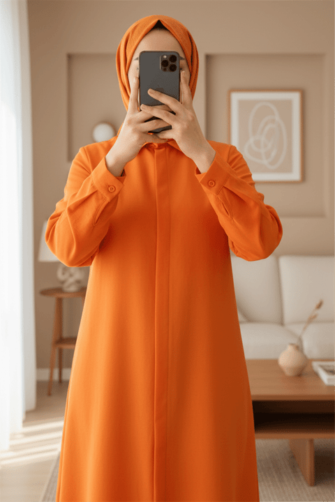 Gizli Düğmeli Oval Kesim Uzun Gömlek -Turuncu-Gömlek-349-5071-R16