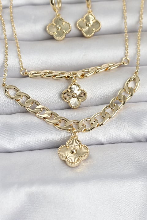 Gold Renk Pirinç Kolye Bileklik ve Küpe Seti