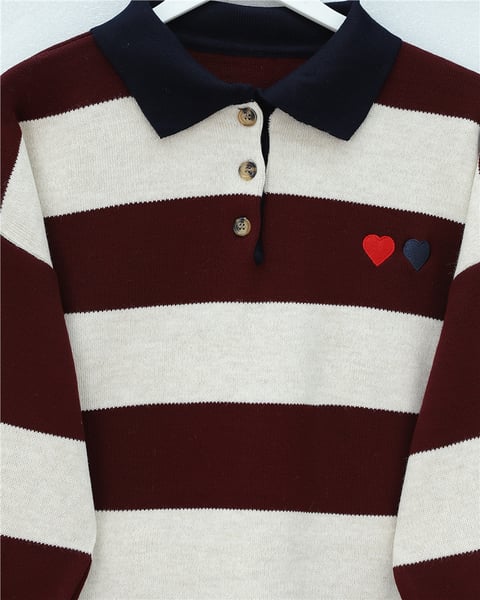 Gömlek Yaka Düğmeli Kalp Nakışlı Triko Tunik -Bordo-Kazak-109-9784-R04