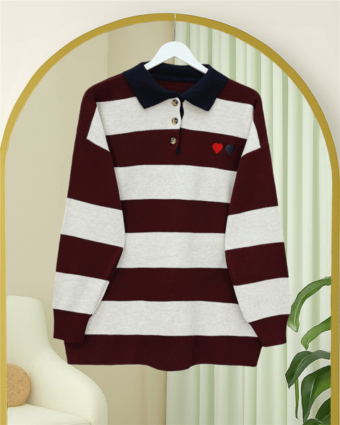 Gömlek Yaka Düğmeli Kalp Nakışlı Triko Tunik -Bordo-Kazak-109-9784-R04