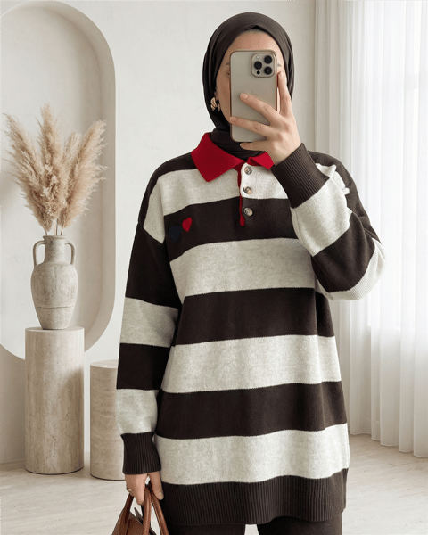 Gömlek Yaka Düğmeli Kalp Nakışlı Triko Tunik -K. Kahve-Kazak-109-9784-R54
