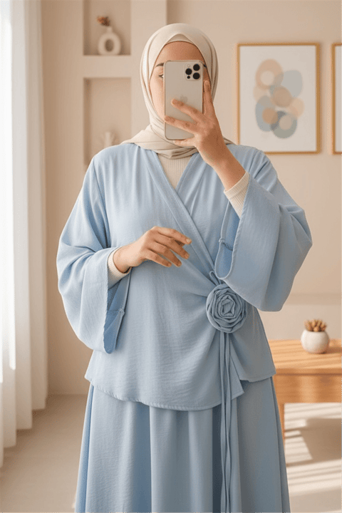 Gül Broşlu Yandan Bağlamalı Ceket Etek Keten Takım -Bebe Mavi-Takım-420-8034-R32
