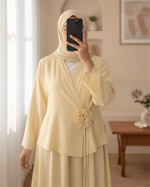 Gül Broşlu Yandan Bağlamalı Ceket Etek Keten Takım -Sarı-Takım-420-8034-R22