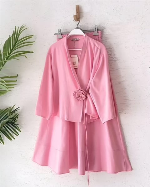 Gül Broşlu Yandan Bağlamalı Ceket Etek Keten Takım -Pembe-Takım-420-8034-R20