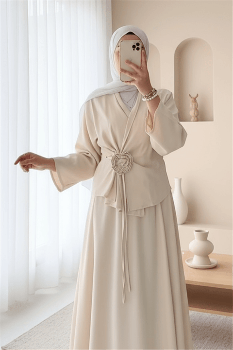 Gül Broşlu Yandan Bağlamalı Ceket Etek Keten Takım -Bej-Takım-420-8034-R56
