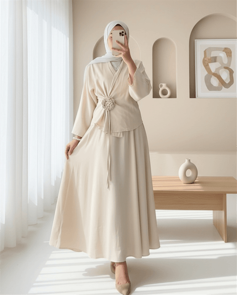 Gül Broşlu Yandan Bağlamalı Ceket Etek Keten Takım -Bej-Takım-420-8034-R56