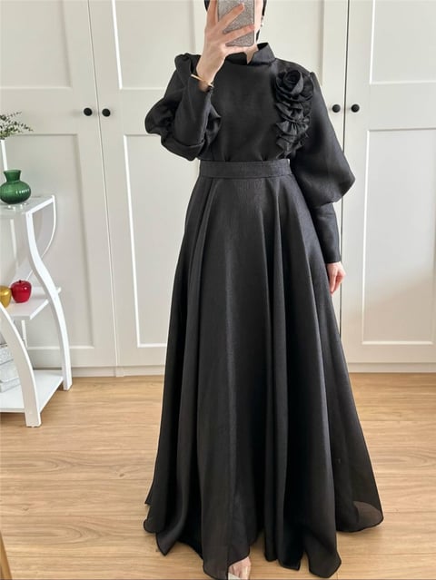 Gül Detaylı Balon Kol Astarlı Abiye -Siyah-Abiye-316-4725-R01