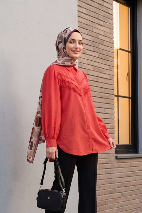 Güpür Püsküllü Ham Keten Balon Kol Gömlek       -Mercan Kırmızı-Tunik-307-2109-R82