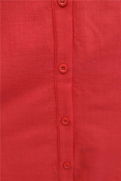 Güpür Püsküllü Ham Keten Balon Kol Gömlek       -Mercan Kırmızı-Tunik-307-2109-R82