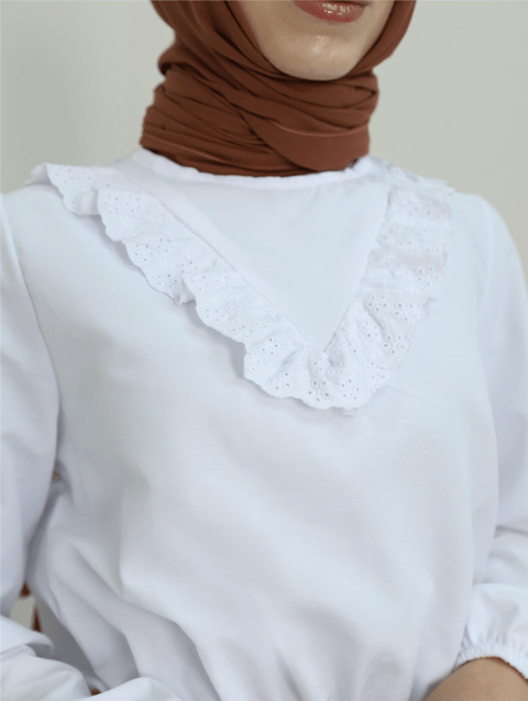 Güpürlü Beli Büzgülü Poplin Bluz -Beyaz-Bluz-349-5044-R02