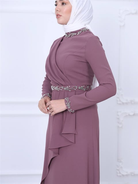 Hakim Yaka Kemeri ve Kolları Boncuk Detaylı Abiye  -Vişne-Krep Abiye-311-4232-R44