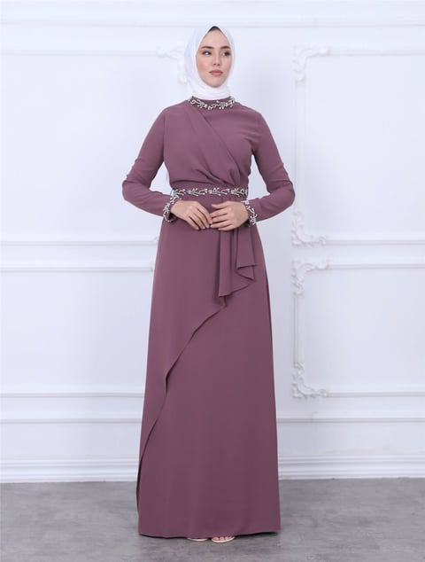 Hakim Yaka Kemeri ve Kolları Boncuk Detaylı Abiye  -Vişne-Krep Abiye-311-4232-R44