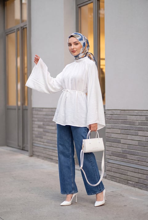 Hakim Yaka Kemerli Astarlı İspanyol Kol Oversize Liyosel Tunik -Beyaz