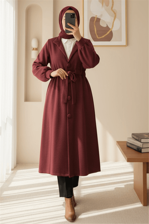 Hakim Yaka Tünel Bağcıklı Kaşe Kaban   -Bordo-Kaban-347-8003-R04
