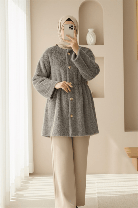 İçi Astarlı Beli Büzgülü Kürklü Ceket -Toprak-Ceket-398-99009-R55