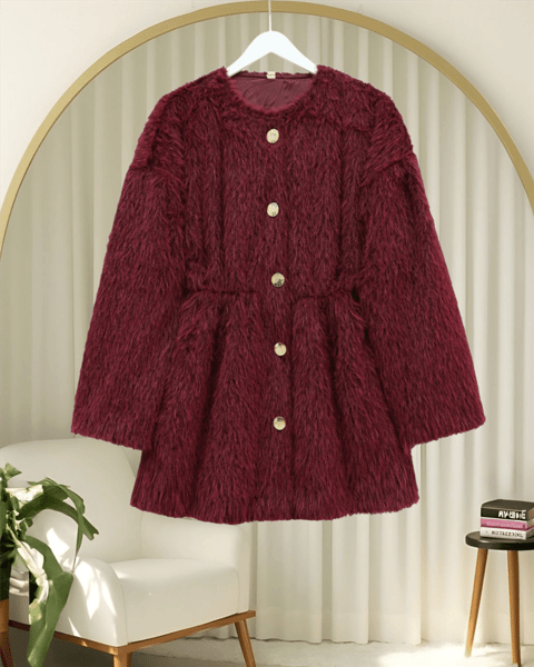 İçi Astarlı Beli Büzgülü Kürklü Ceket -Bordo-Ceket-398-99009-R04
