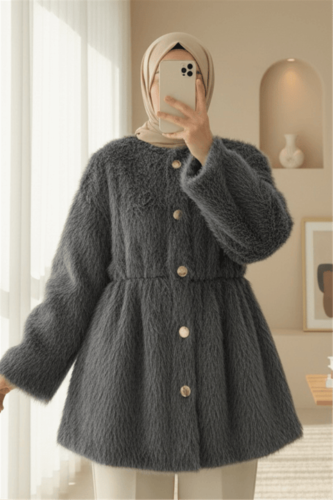 İçi Astarlı Beli Büzgülü Kürklü Ceket -Füme-Ceket-398-99009-R18