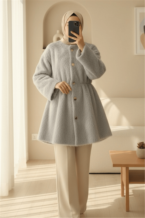 İçi Astarlı Beli Büzgülü Kürklü Ceket -Açık Gri-Ceket-398-99009-R41