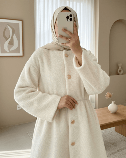 İçi Astarlı Beli Büzgülü Kürklü Ceket  -Krem-Ceket-398-99009-R28